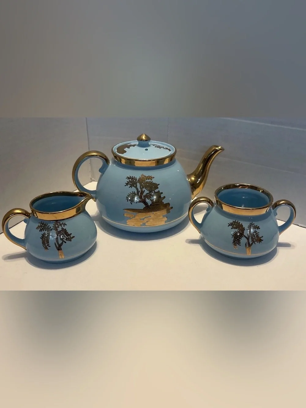 Vintage Robins' Egg Blue Gold Pagoda Scenes Gibsons Teapot England Set 4pc